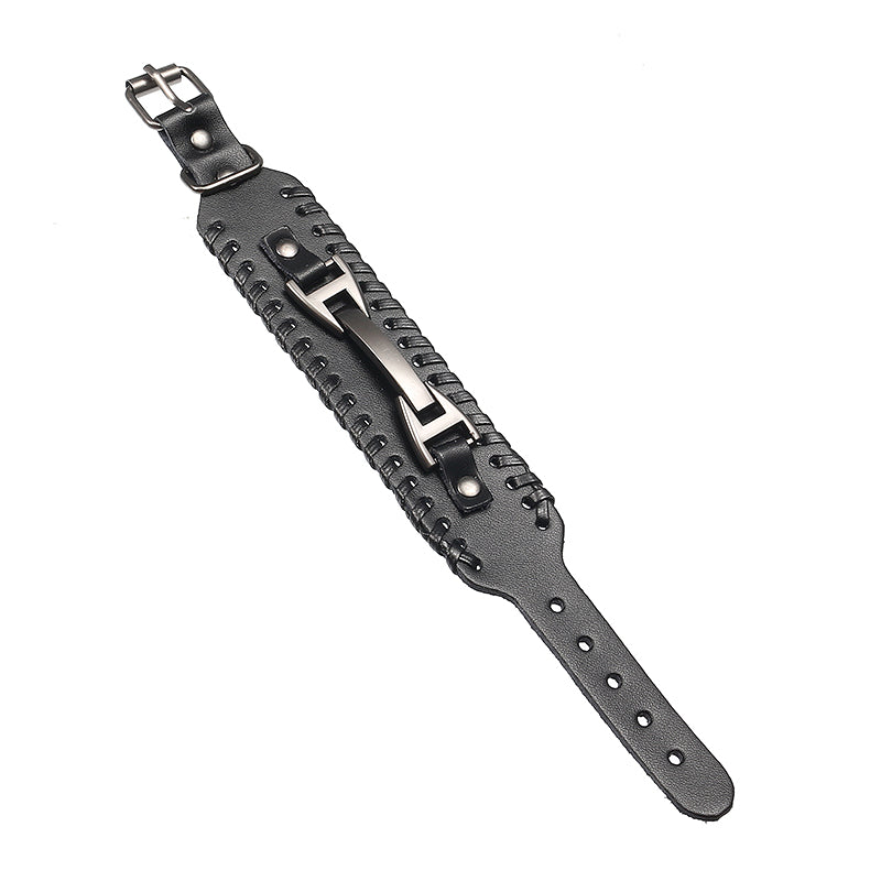 Punk Genuine Leather Bangle Chain Handmade Alloy Woven Wide Adjustable Men Bracelet