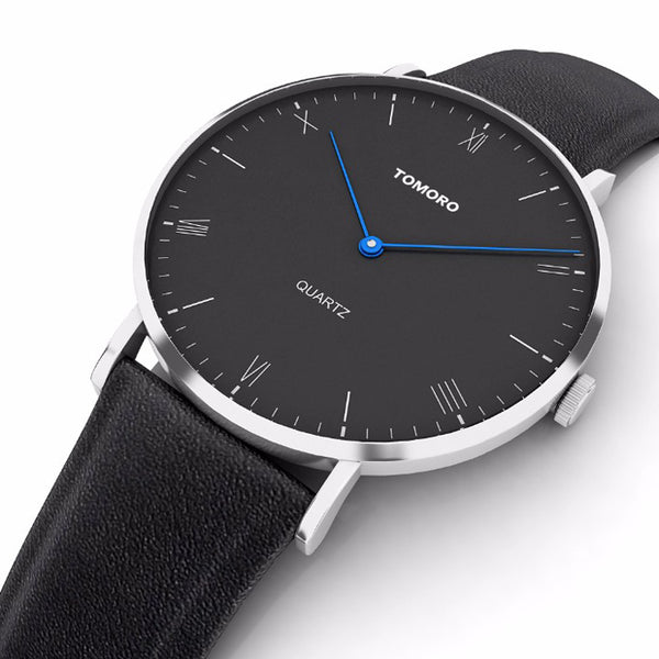 TOMORO TM0818 Fashion Leather Strap Large Dial Blue Pointer Ultra-thin Men Watch Quartz Watch