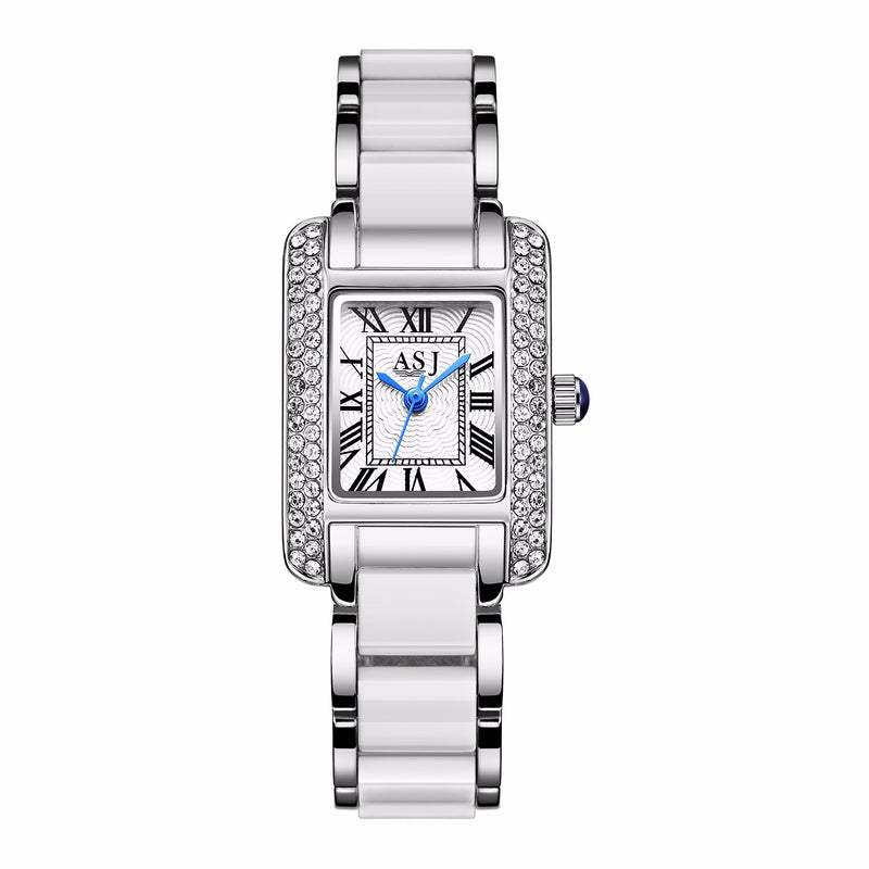 Elegant Ceramic Strap Crystal Case Roman Numerals Dial Women Ladies Dress Quartz Watch