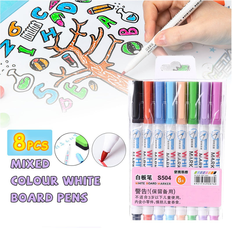 8pcs Mixed Colour White Board Bright Marker Fine Pen bullet Tip Pens Easy Dry Wipe