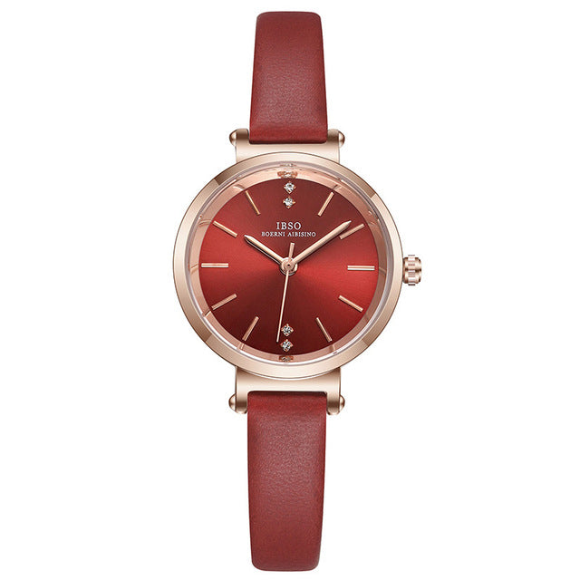 IBSO S8688L Ultra Thin Ladies Wrist Watch Crystal Elegant Design Leather Strap Quartz Watch
