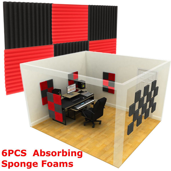 6Pcs 30x30x2.5cm Acoustic Soundproofing Sound-Absorbing Noise Foam Tiles Black & Red