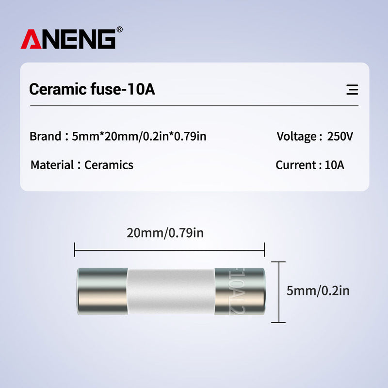 20 Pcs ANENG 5X20mm Ceramic Fuse 0.2A + 10A for Multimeter
