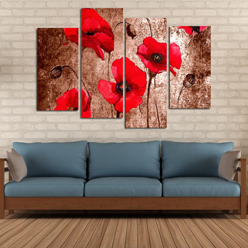 Miico Hand Painted Four Combination Decorative Paintings Red Flowers Wall Art For Home Decoration