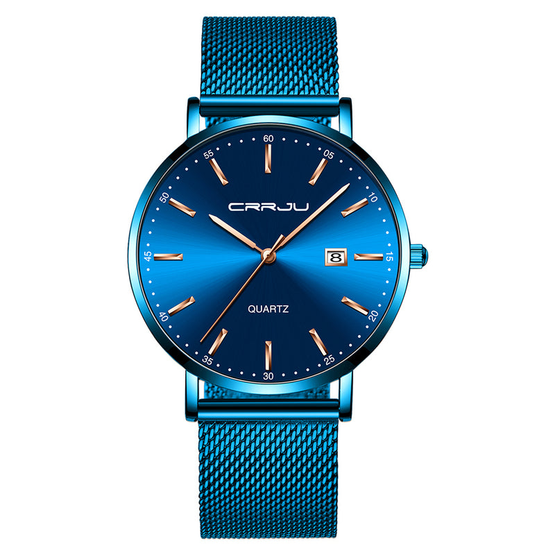 CRRJU 2161 Business Style Date Display Luxury Blue Dial Full Steel Strap Men Quartz Watch