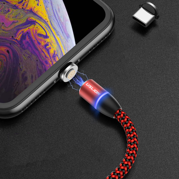 USLION 3A LED 360 Degree Rotate Magnetic TPE Fast Charging 1M Type-C Data Cable for Samsung S10+ Xiaomi Redmi Note8 HUAWEI P30Pro