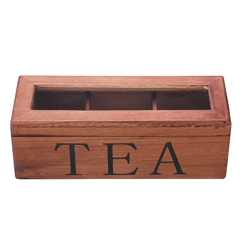 Tea Bag Stores Wooden Tea Box 3 Compartments Hinged Glass Lid Tea Organizer Jewelery Box Storage
