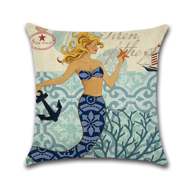 Cartoon Mermaid Printed Cotton Linen Square Cushion Cover House Sofa Car Decor Pillow Case