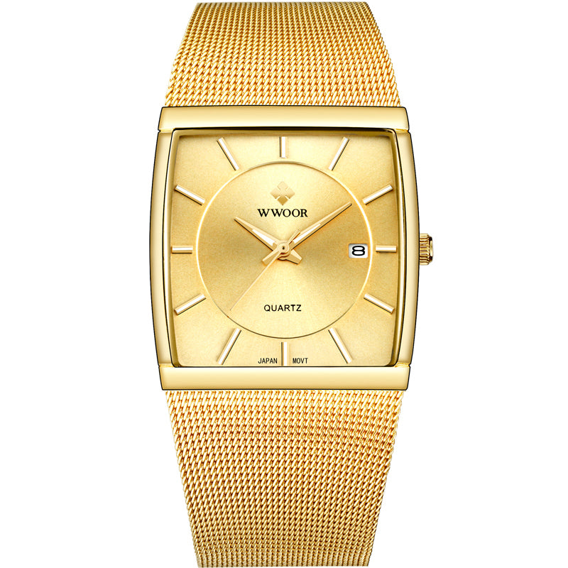 WWOOR 8831 Square Dial Luminous Display Men Wrist Watch Mesh Steel Calendar Quartz Watch