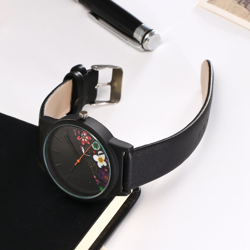 HOREDAR Fashion Women Quartz Watch Rose Patten Casual Dial Leather Strap Wristwatch