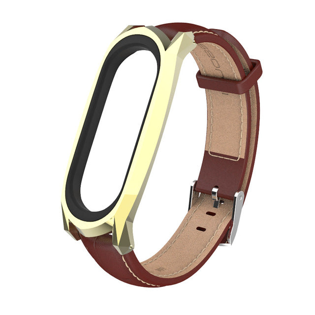 Mijobs Leather Watch Strap Replacement Watch Band for Xiaomi Mi band 3 Smart Watch