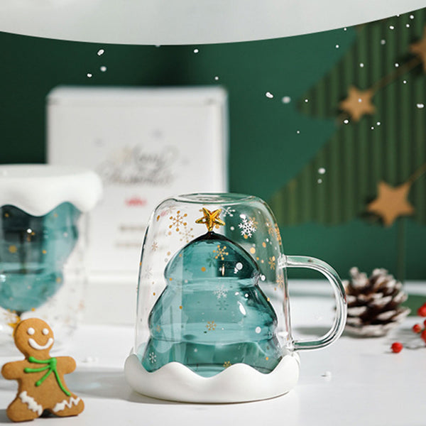 XH-121 300ML Innovative Christmas Tree Mark Cup Double-Layer Borosilicate Glass Transparent Coffee Cup For Family Parties And Bars Christmas Gift