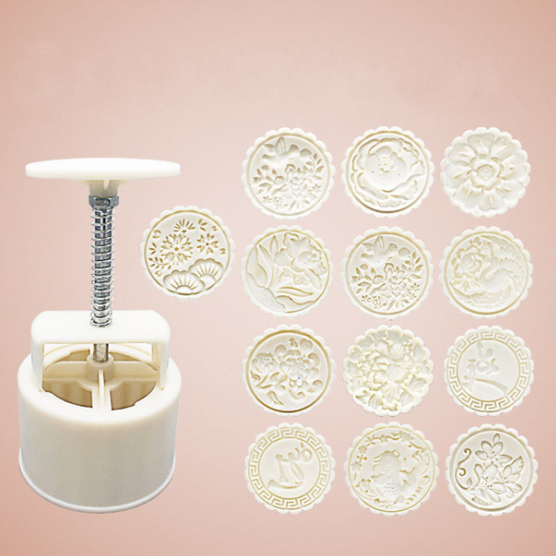1 Mould And 13 Style Flower Stamps 150g Round Moon Cake Baking Mold Hand Pressure Decor
