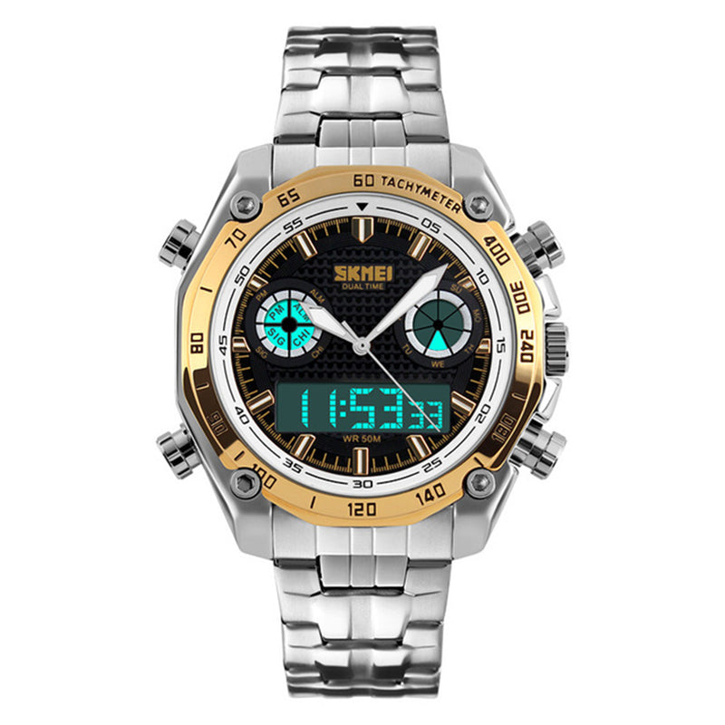 SKMEI 1204 Dual Dsplay Digital Watch Men Stainless Steel Strap Luminous Alarm Outdoor Sport Watch