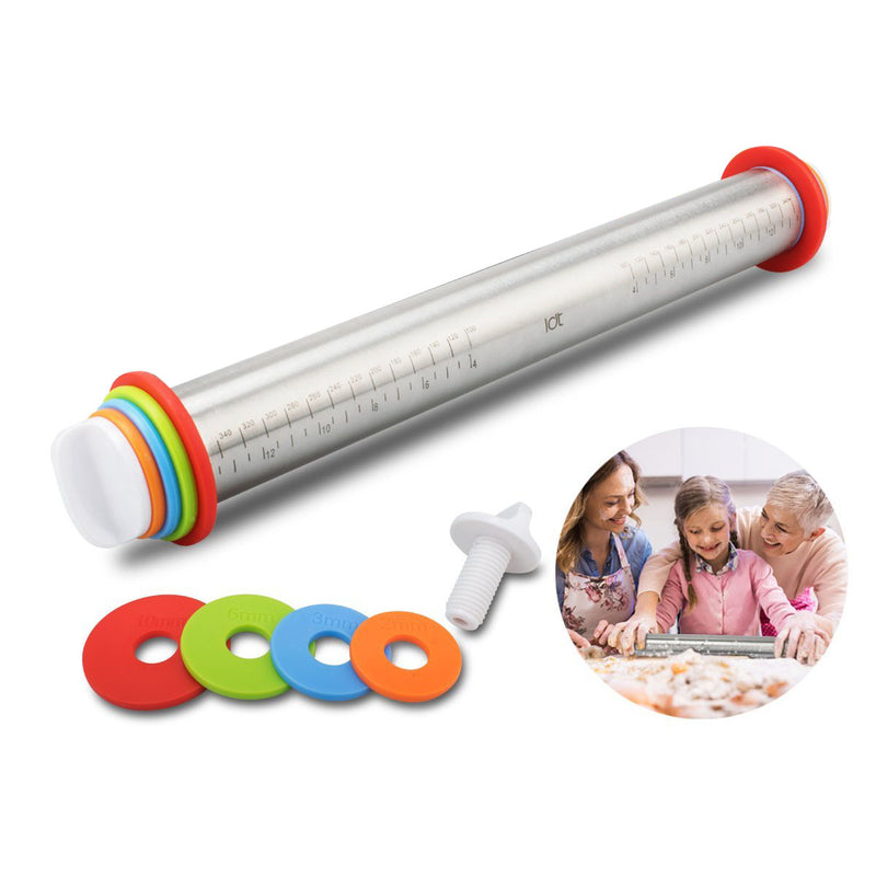 1pc Stainless Steel Rolling Pin 4 Adjustable Discs Non-Stick Removable Rings Dough Dumplings Noodles