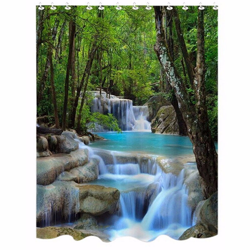2x1.8CM Polyester 3D Waterfall Nature Scenery Bathroom Shower Curtain With Hooks