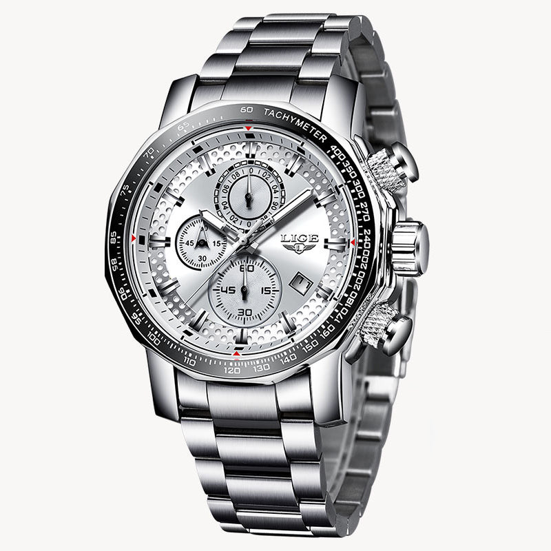 LIGE 9902 Multifunction Chronograph Fashion Men Wrist Watch Waterproof Steel Case Quartz Watch