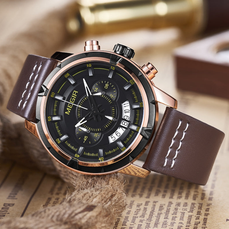 MEGIR 2047 Male Multifunction Chronograph Luminous Fashion Casual Men Quartz Watch