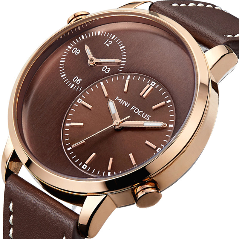 MINI FOCUS MF0035G Two Time Zones Display Men Watch Genuine Leather Strap Quartz Watches