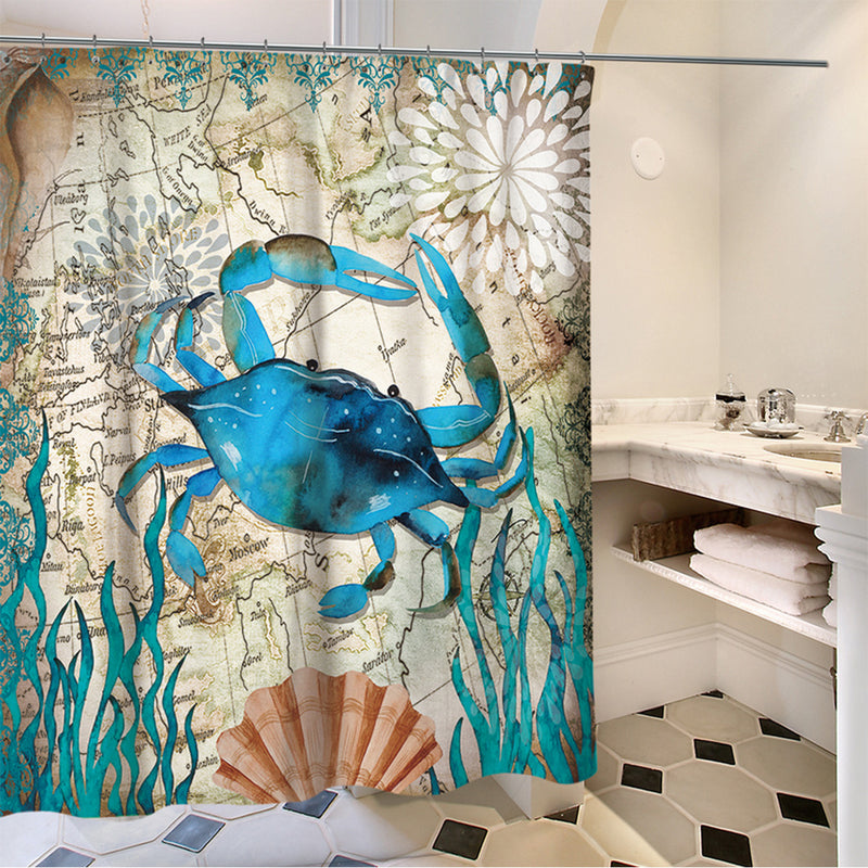 Crab Printing Bathroom Shower Curtain Toilet Cover Mat Non-Slip Rug Set