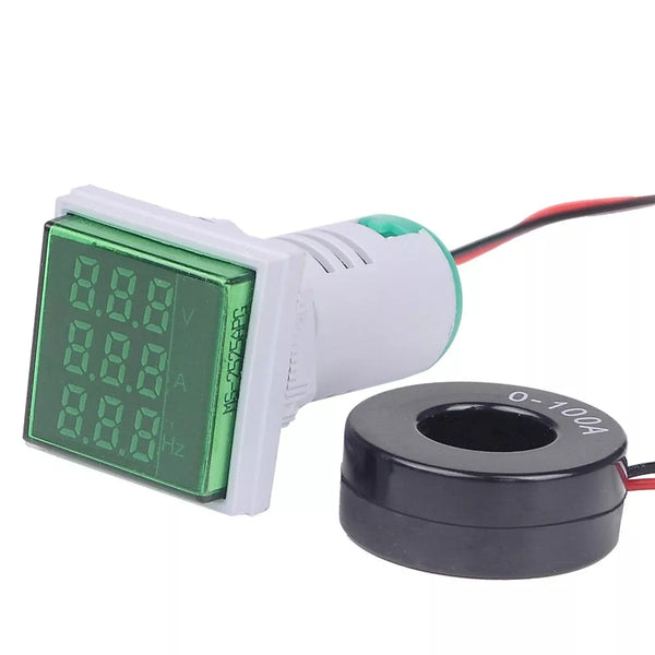 3Pcs 22mm 50-380V 100A 99Hz Digital LED Volt Amp HZ AC Ammeter Voltmeter Current Frequency Voltage Indicator Meter Tester Signal Lights-Green