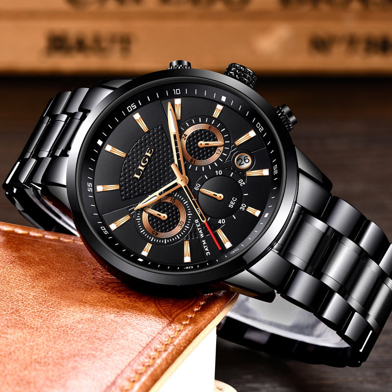 LIGE 9866 Chronograph Full Steel Band Men Wrist Watch Luminous Display Quartz Watch