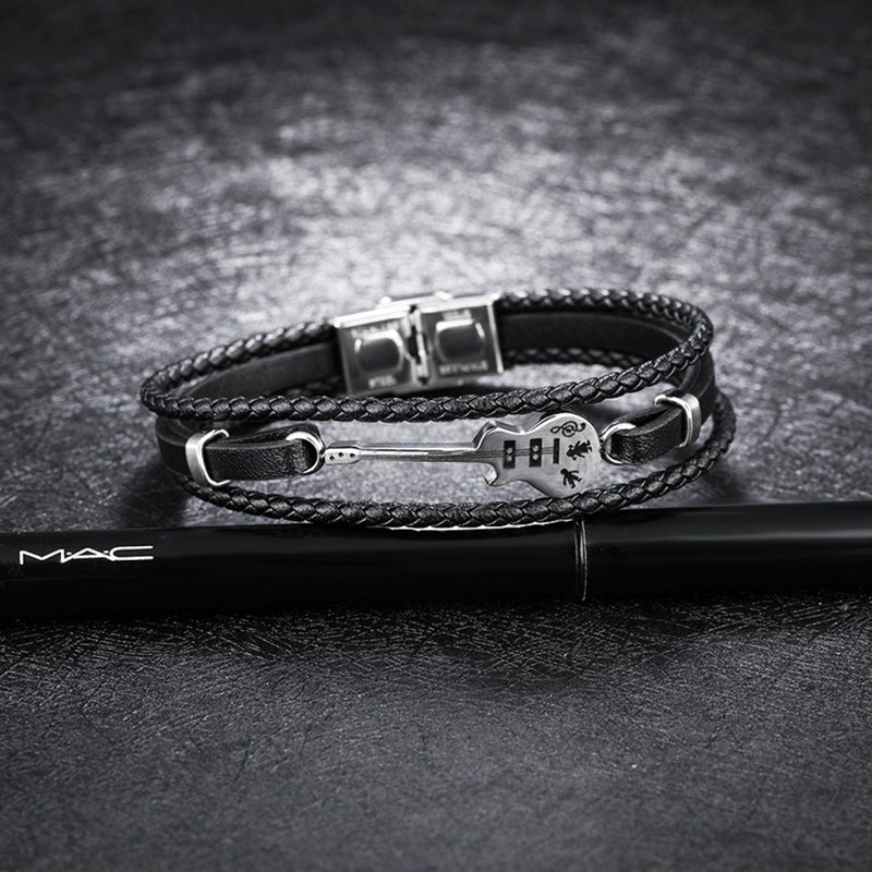 Creative Mini Guitar Men's Leather Multilayer Braided Titanium Steel Bracelet