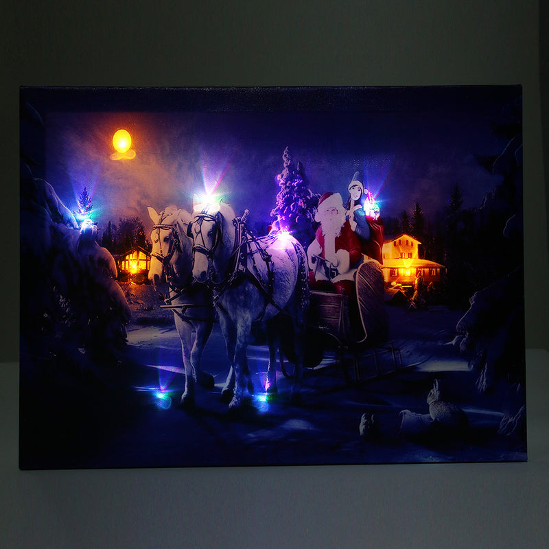 40 x 30cm Operated LED Christmas Santa Ride White Horse on Street Xmas Canvas Print Wall Art