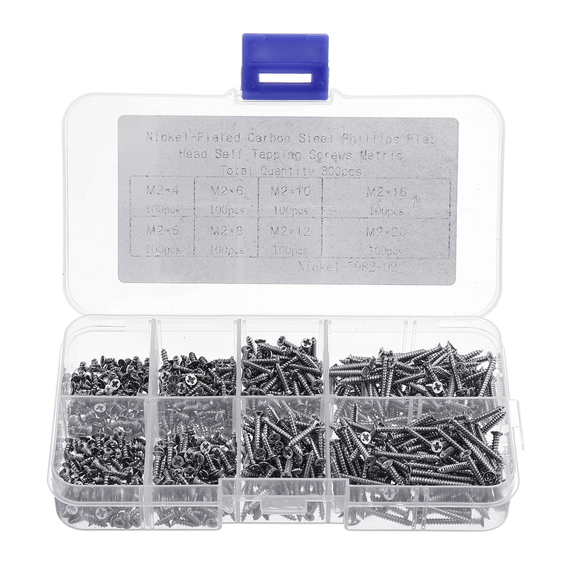Suleve M2CP1 800pcs M2 Phillips Screw Flat Head Nickel-Plated Carbon Steel Self-Tapping Woodworking Screws Assortment Kit