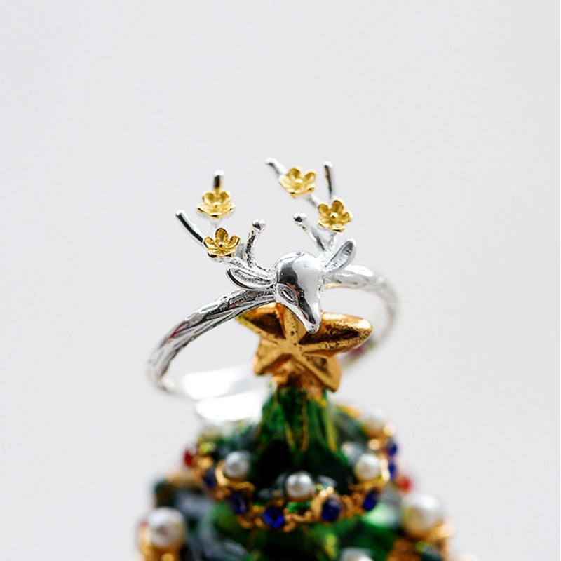 Elegant Deer Head Ring Adjustable Sliver Ring For Christmas Zinc Alloy Women Ring