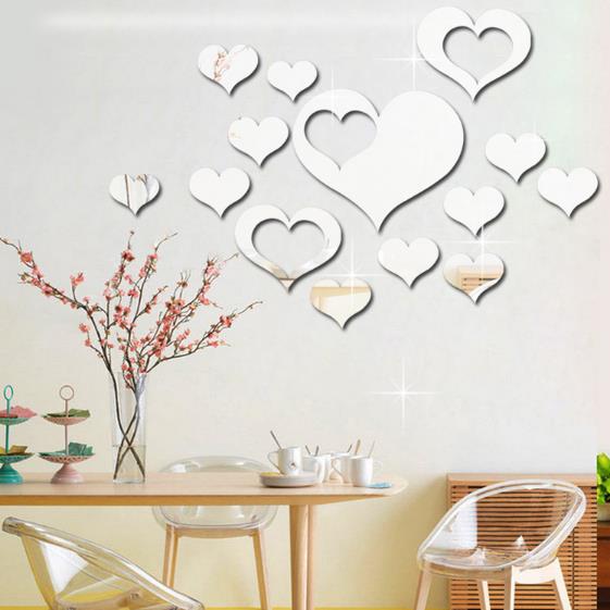 3D Heart Silver DIY Shape Mirror Wall Stickers Home Wall Bedroom Background Office Decor