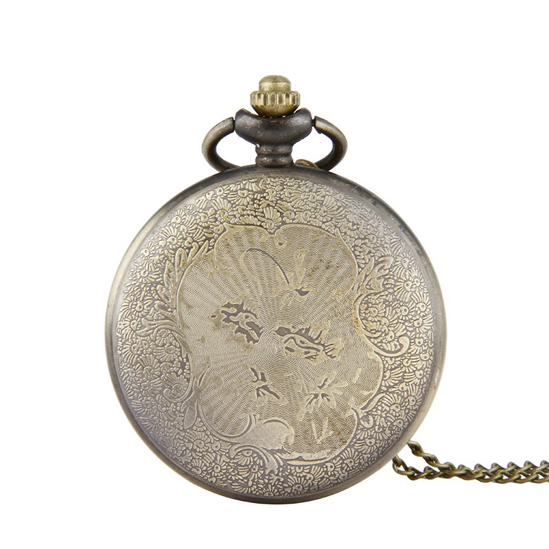 DEFFRUN Retro Bronze Classic Dragon Pattern Chain Quartz Pocket Watch