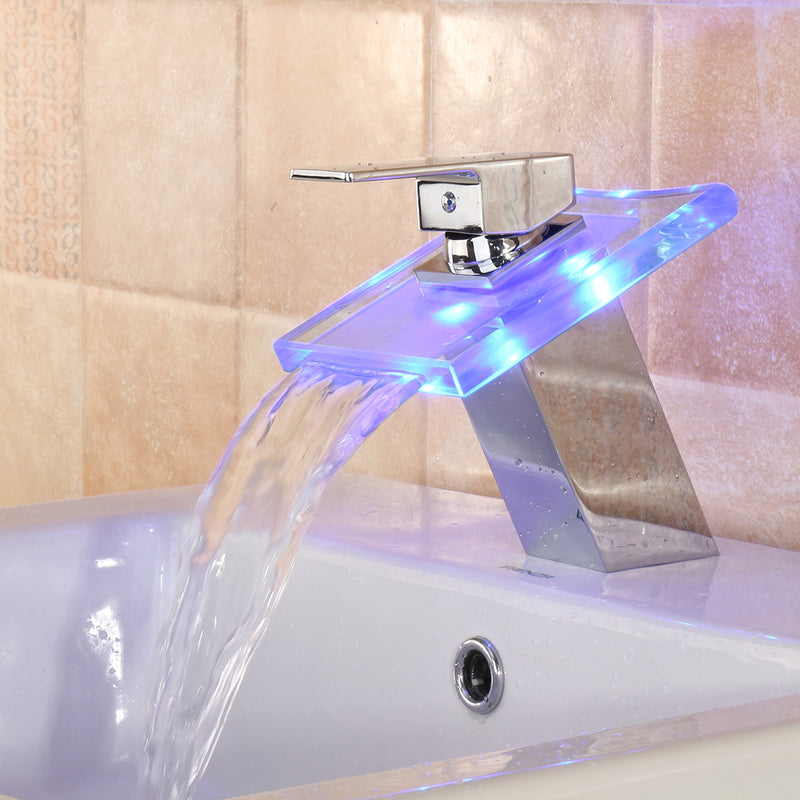LED Color Changing Waterfall Faucet Bathroom Sink Faucet Glass Basin Bathtub Mixer Tap