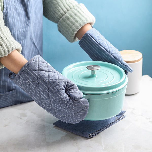 2PCS Waterproof Mitten Kitchen Cooking Microwave Oven Mitt Insulated Non-slip Glove Thickening Striped Cotton Glove