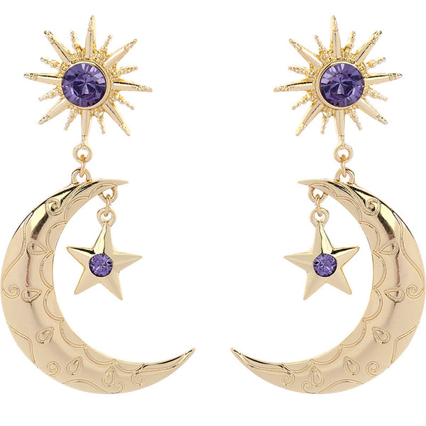 Trendy Sun Moon Star Big Ear Drop Earring Purple Rhinestone Earrings For Women