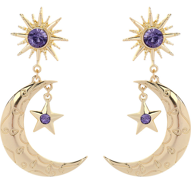 Trendy Sun Moon Star Big Ear Drop Earring Purple Rhinestone Earrings For Women