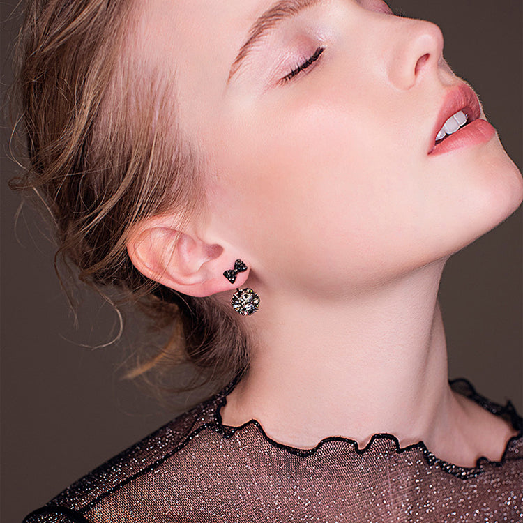 Sweet 925 Sterling Silver Earrings Full Rhinestone Bowknot Ball Stud Earrings for Women
