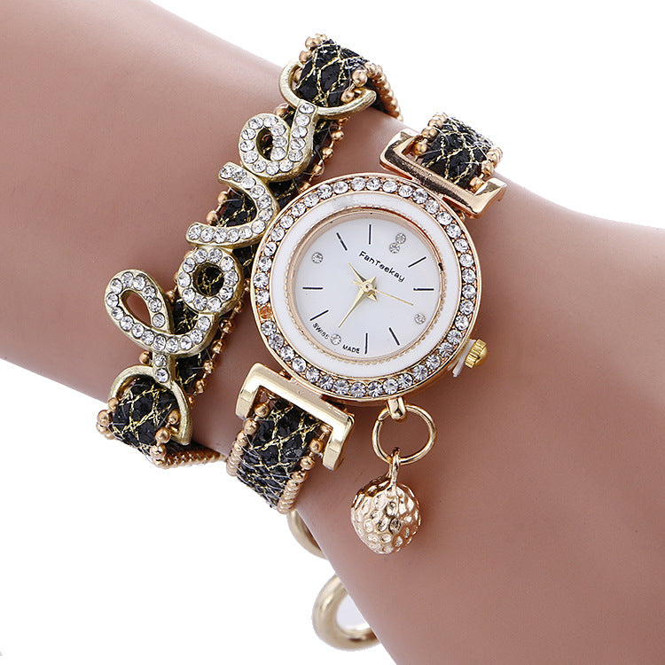 Fashion Luxury Women Watch Love Word Leather Strap Ladies Bracelet Quartz Watch