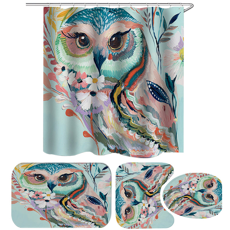 Owl Printed Shower Curtain Non-Slip Rug Three Set Bath Products Bathroom Decor