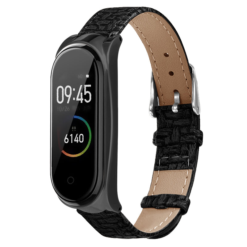Metal Case Weave Texture Leather Watch Band Watch Strap Replacement for Xiaomi Miband 4