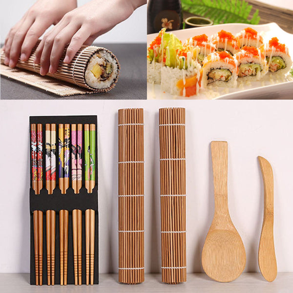DIY Bamboo Sushi Making Kit 2 Rolling Mats 5 Pairs Chopsticks Rice Spreader Baking Mat