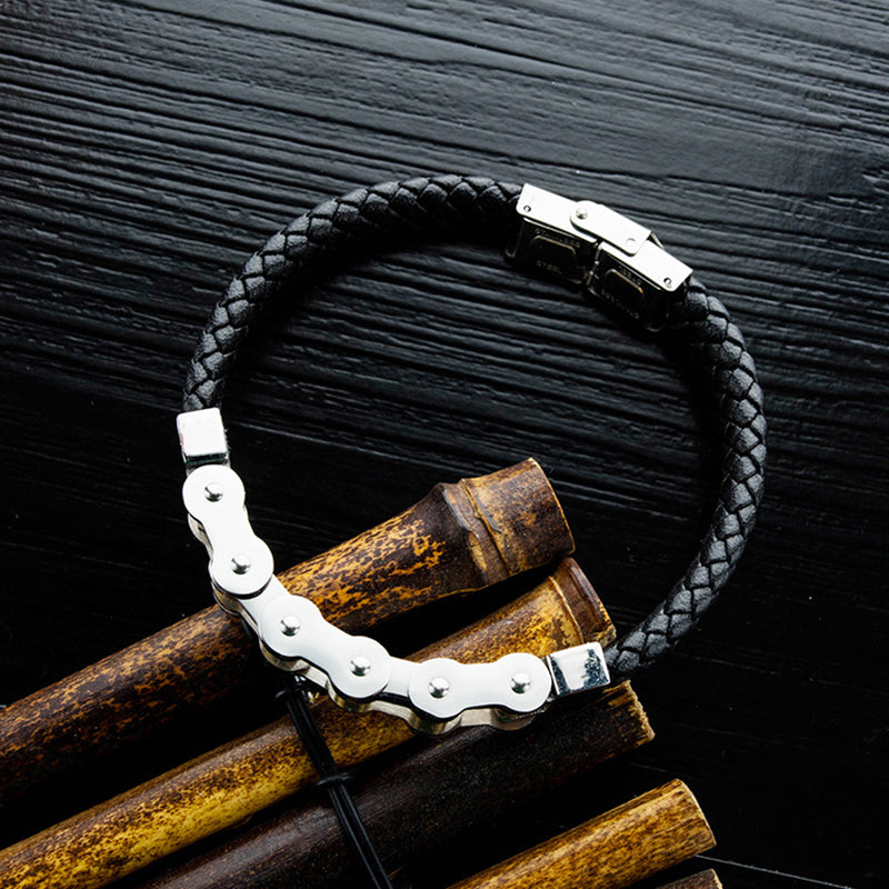 Leather Rope Woven Leather Stainless Steel Locomotive Chain Bracelet