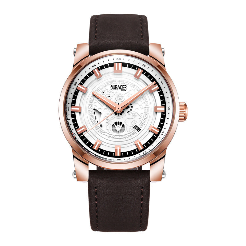 OUBAOER OB2020 Calendar Quartz Watches Luminous Display Leather Strap Men Wrist Watch