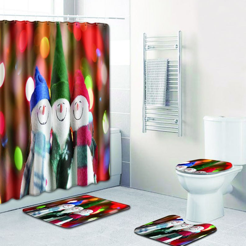4PCS Xmas Bath Mat Set Non-slip Floor Rug Bathmat Toilet Cover Shower Curtain