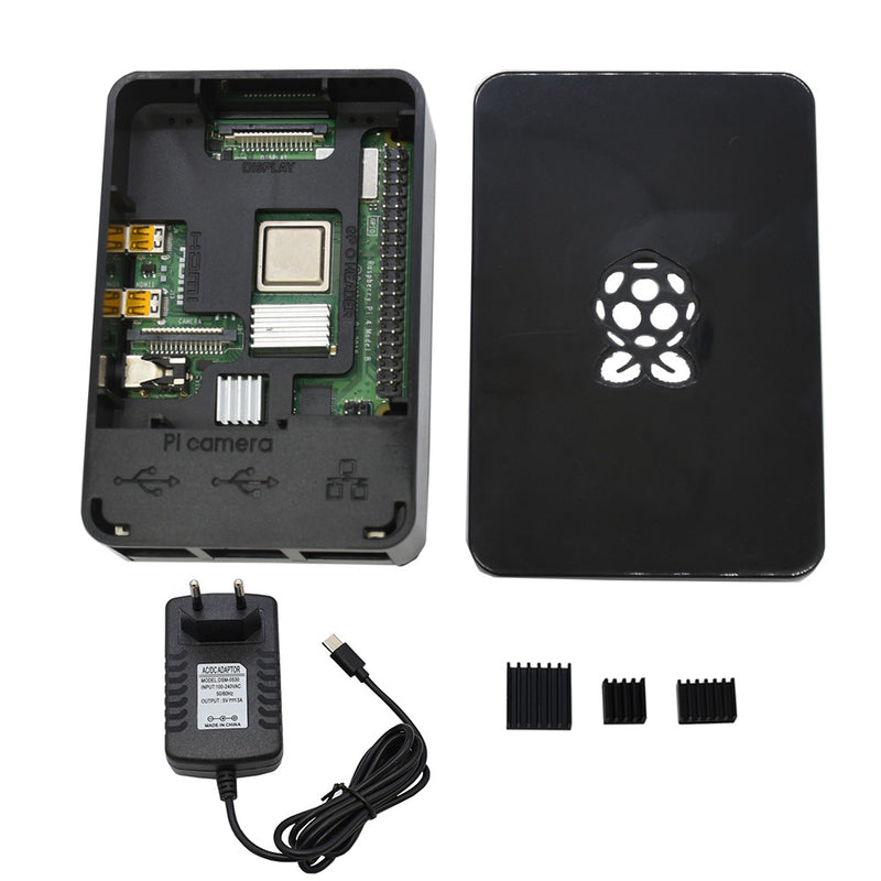 Updated ABS Enclosure Box V4 Case+5V/3A EU Standard Plug Power Supply+3*Black Heat Sink Set for Raspberry Pi 4
