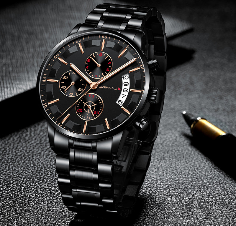 CRRJU 2261 Men Calendar Fashion Dial Simple Needle Full Steel Strap Luminous Display Quartz Watch