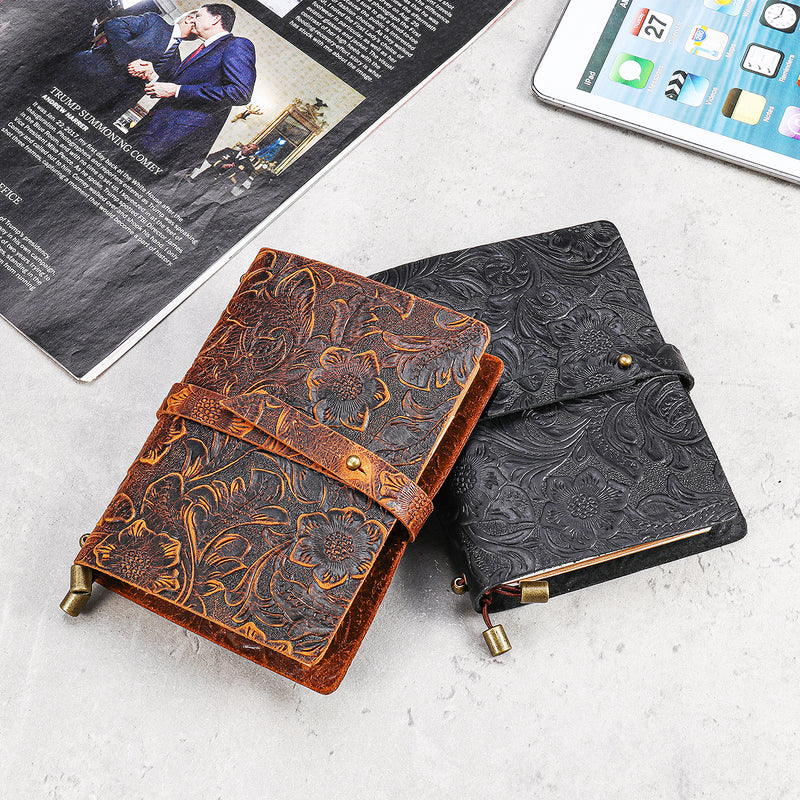 Indra Handmade Medium Embossed Stitched Leather Diary Notebook Journal