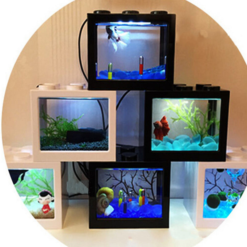 Mini USB LED Light Clear Fish Tank Mini Aquarium Box Bettas Office Desktop Decor