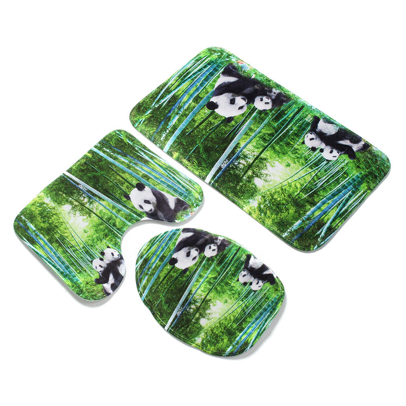 4Pcs Panda Bamboo Decor Non-Slip Rug Toilet Lid Cover Bath Mat Shower Curtain for Bathroom