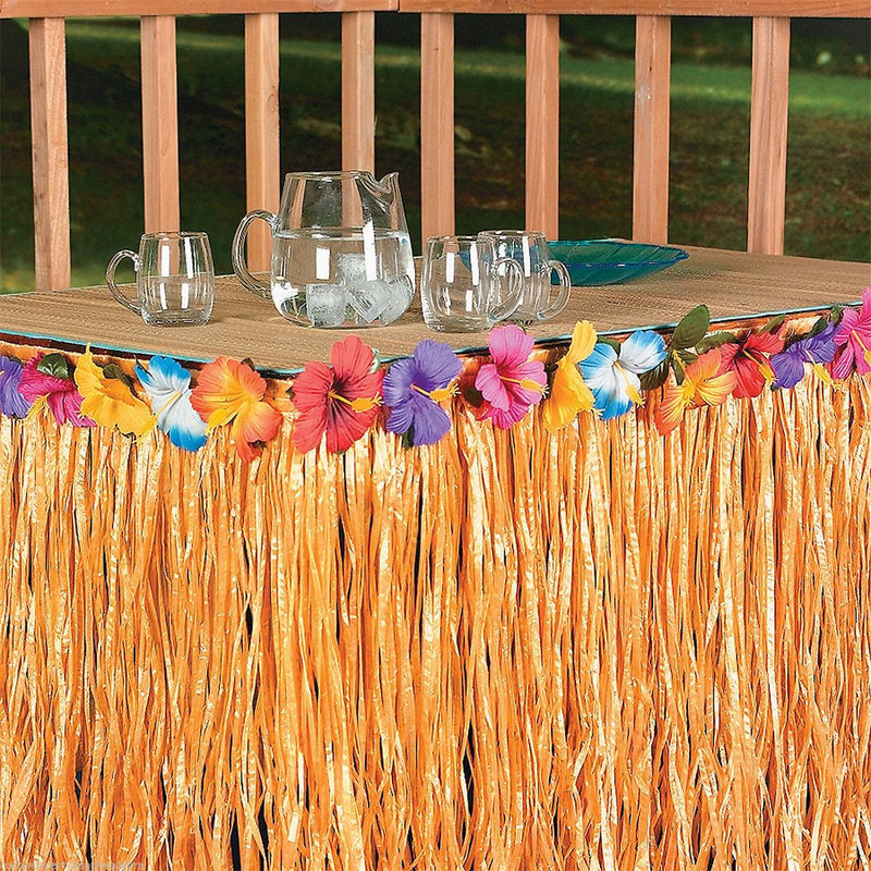 Tropical Table Skirt With Flowers Luau Tiki Hawaiian Party Grass Decorations